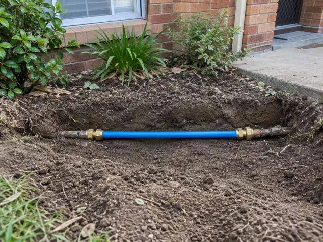 Exposed blue water pipe repaired in a dirt trench beside a brick house in Greystanes